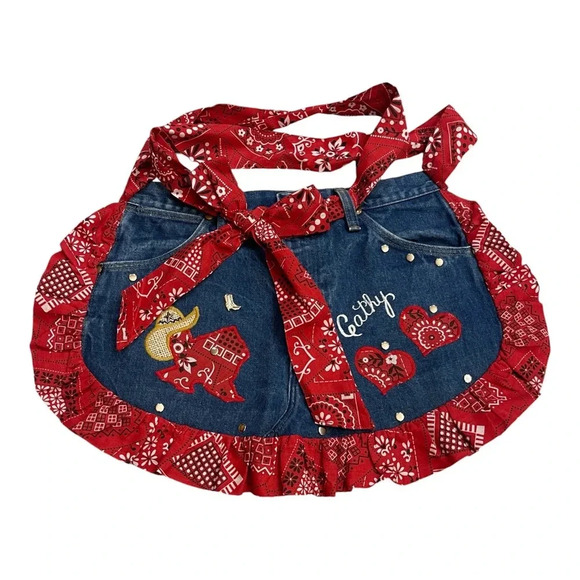 Upcycled Wrangler Blue Denim Red Bandana Cooking Country Western Waist Apron - Picture 4 of 9